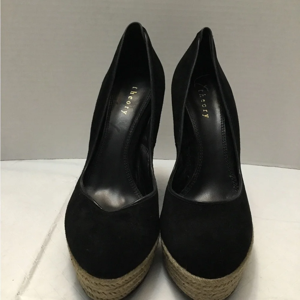 Theory Black Espadrille Wedge Pumps